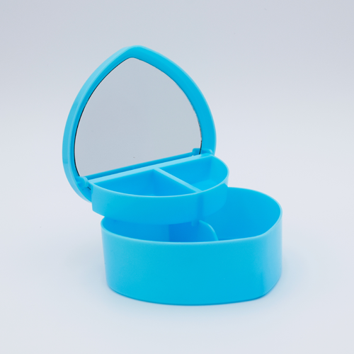 DIY Decoden customizable heart-shaped jewelry box with two-tier design and built-in mirror, ready to be decorated with frosting-inspired glues, decorative sprinkles, and charms.