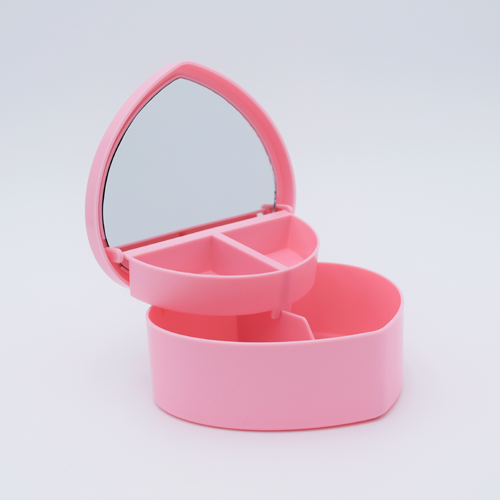 DIY Decoden customizable heart-shaped jewelry box with two-tier design and built-in mirror, ready to be decorated with frosting-inspired glues, decorative sprinkles, and charms.